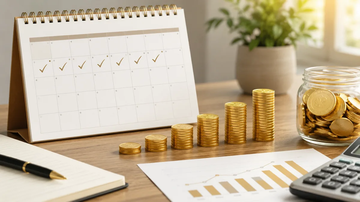 Regular gold investment plan with coins calendar and simple financial workspace, no text, no characters, no logos