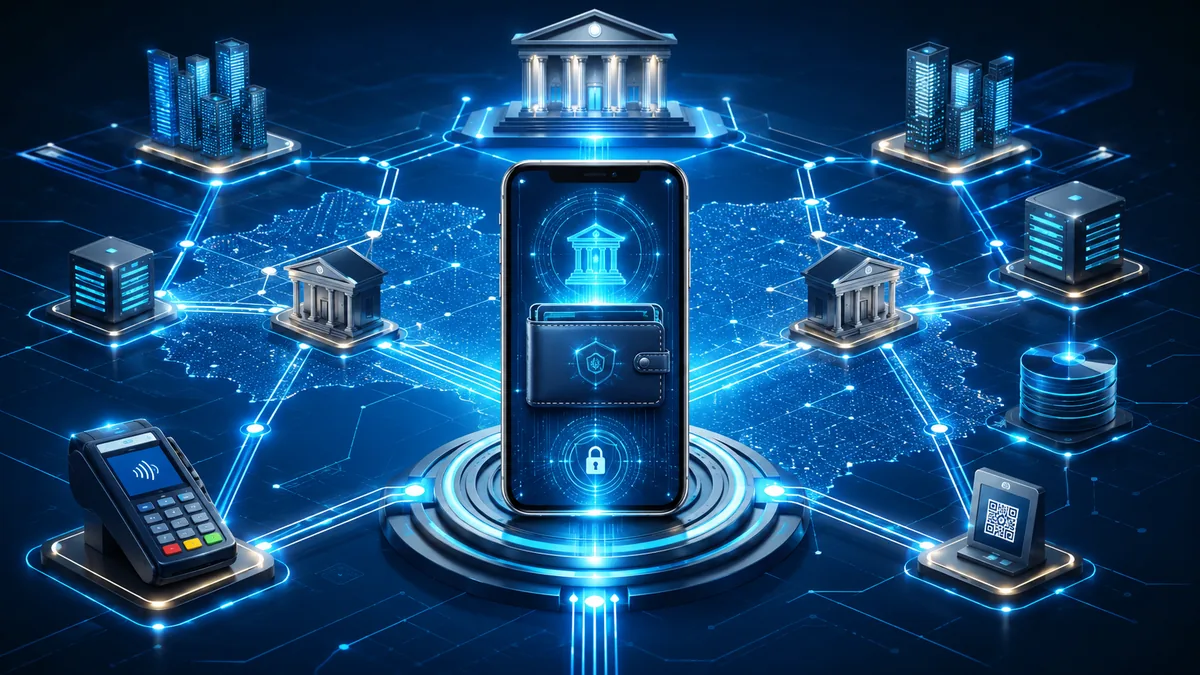 Central bank digital currency wallet connected to a national payment network, no text, no characters, no logos