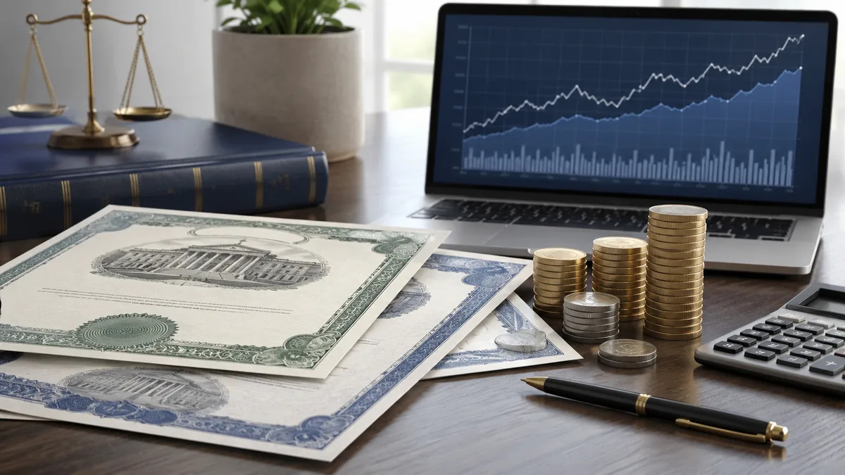 Government bond investment concept with treasury documents coins and stable financial chart, no text, no characters, no logos