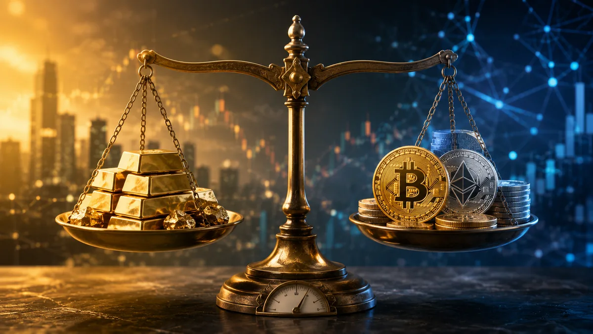 Gold bars and digital cryptocurrency assets balanced on a financial scale, no text, no characters, no logos