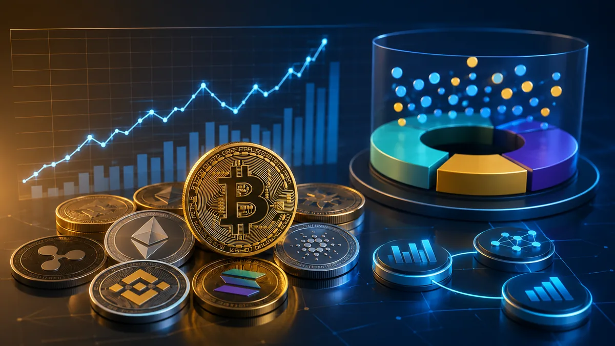 Cryptocurrency market capitalization concept with digital coins, price chart and circulating supply indicators, no text, no characters, no logos