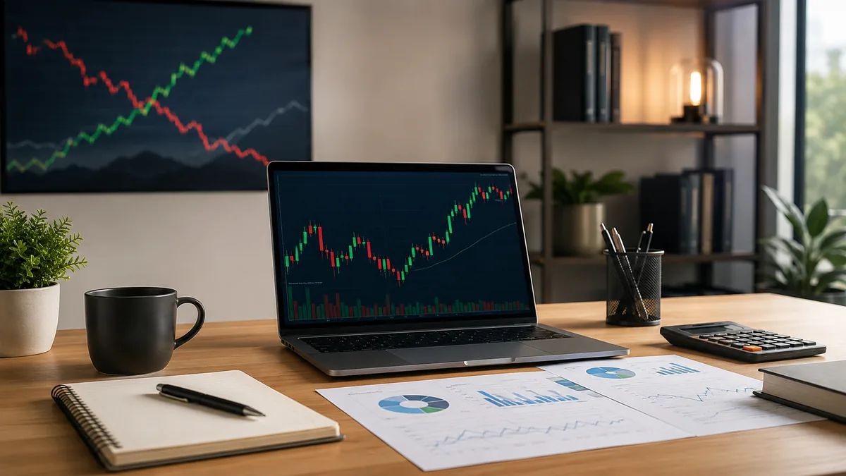 Rising and falling market charts on a calm investor desk, no text, no people, no logos