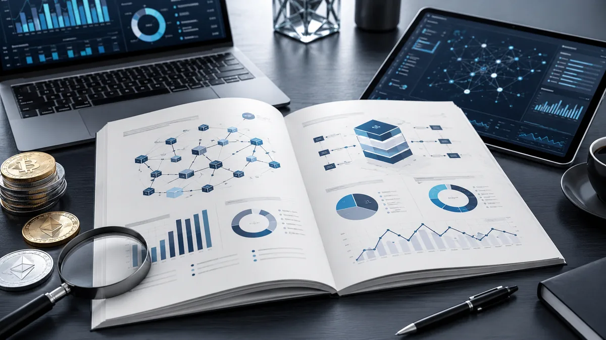 Cryptocurrency whitepaper analysis workspace with blockchain diagrams and token distribution charts, no text, no characters, no logos