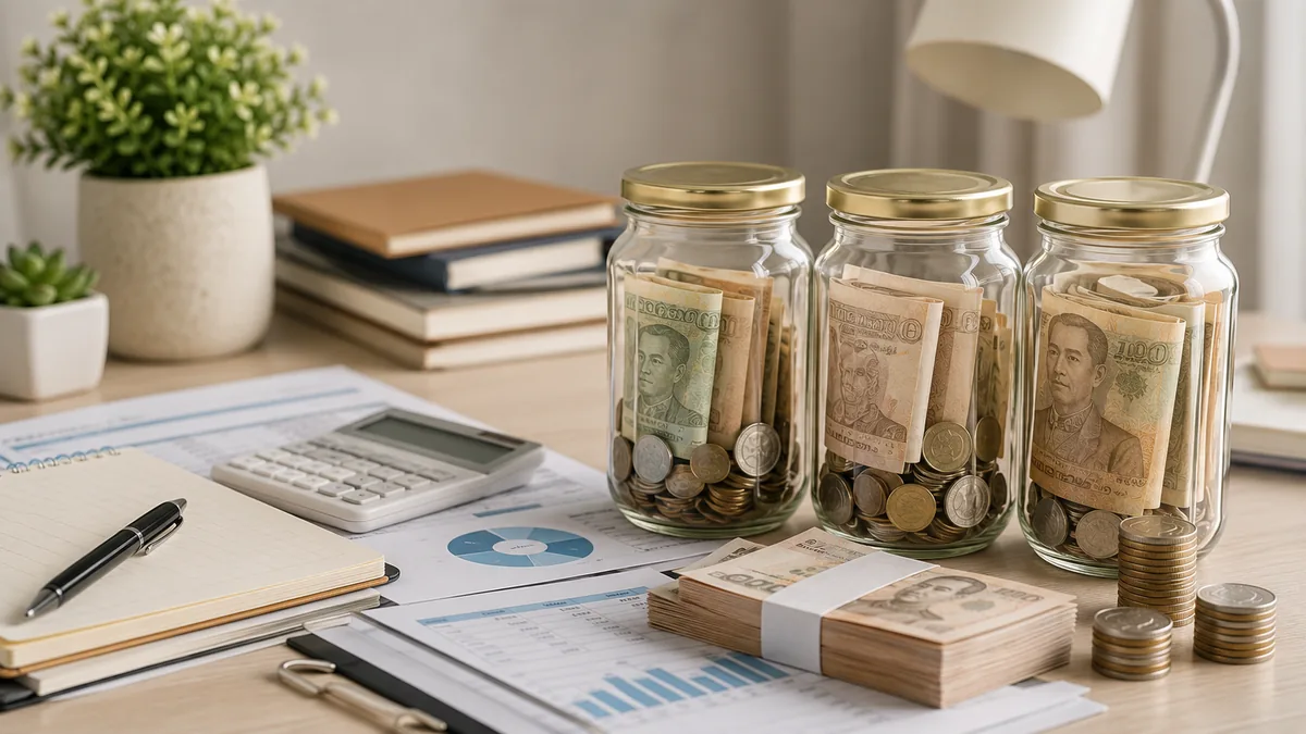 Emergency savings fund with cash reserve jars and monthly expense documents on a clean desk, no text, no characters, no logos