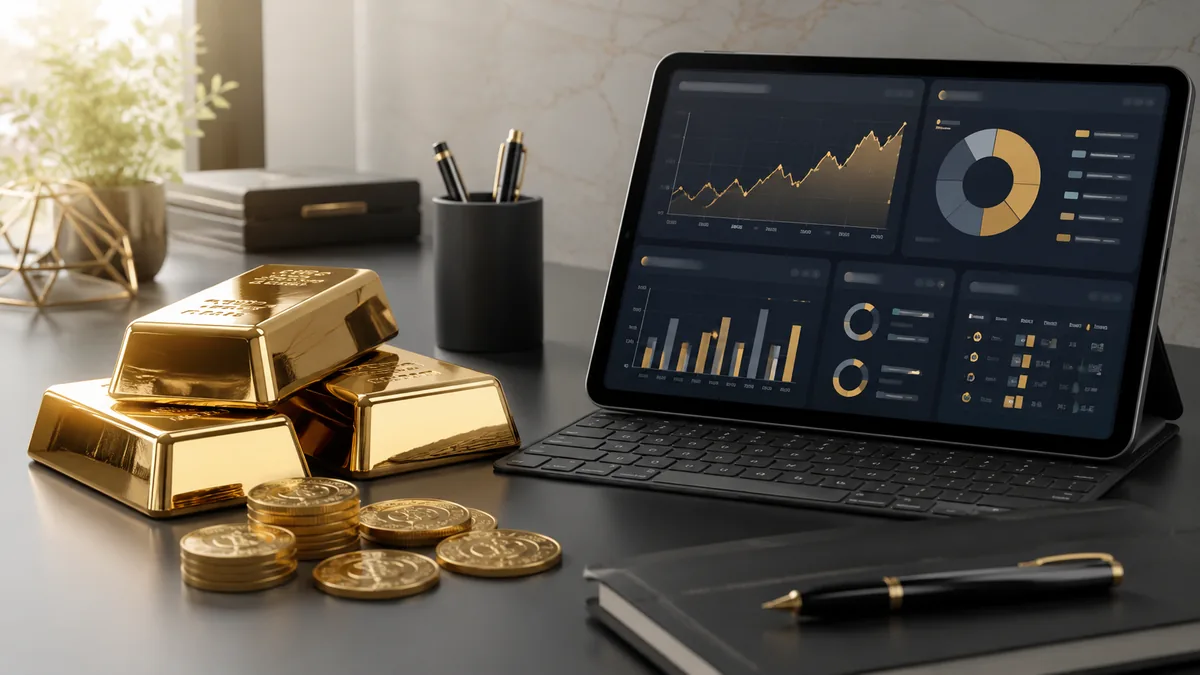 Physical gold bars beside a digital investment portfolio on a clean financial desk, no text, no characters, no logos