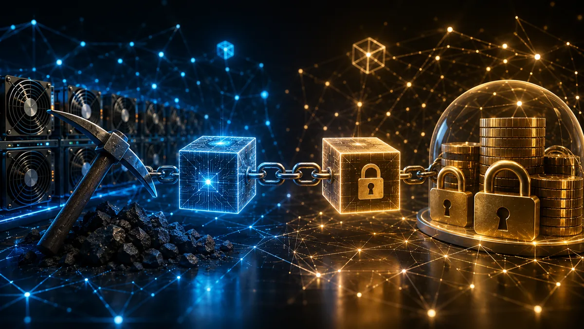 Abstract blockchain network secured by computing power and locked digital assets, no text, no characters, no logos
