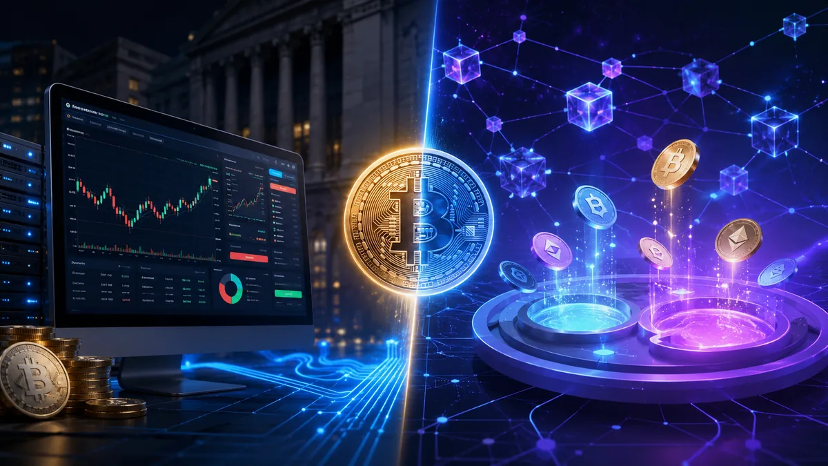 Centralized and decentralized crypto trading systems contrasted with exchange dashboard and blockchain liquidity pools, no text, no characters, no logos