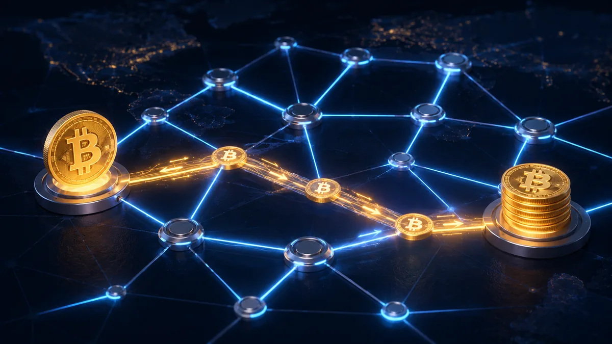 Bitcoin payment moving through an off-chain network of connected payment channels, no text, no characters, no logos