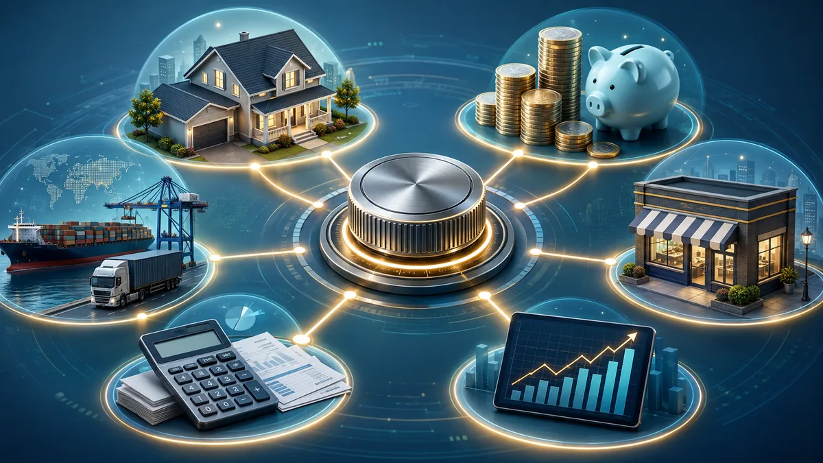 Central bank interest rate mechanism connected to household loans savings and economic activity, no text, no characters, no logos