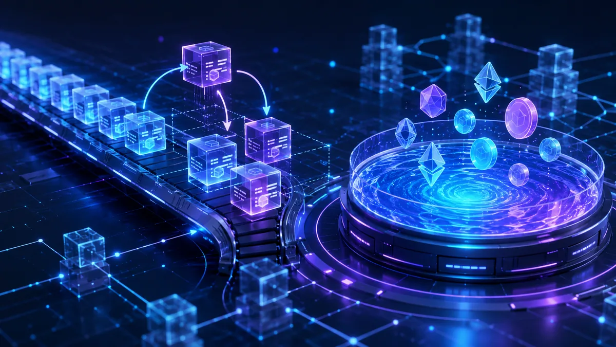 Blockchain transaction queue with reordered data blocks and a decentralized exchange liquidity pool, no text, no characters, no logos