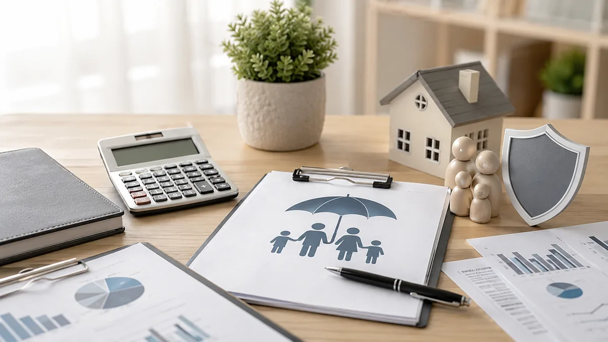 Clean financial planning desk with life insurance documents, calculator, family protection concept, no text, no people, no logos