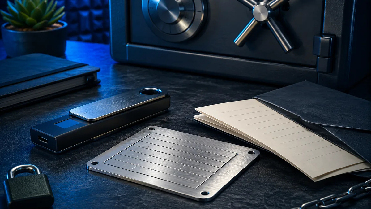 Offline crypto wallet recovery words stored securely beside a hardware wallet and metal backup plate, no text, no characters, no logos