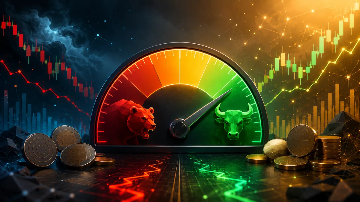 Crypto market sentiment gauge shifting between fear and greed with abstract price charts, no text, no characters, no logos