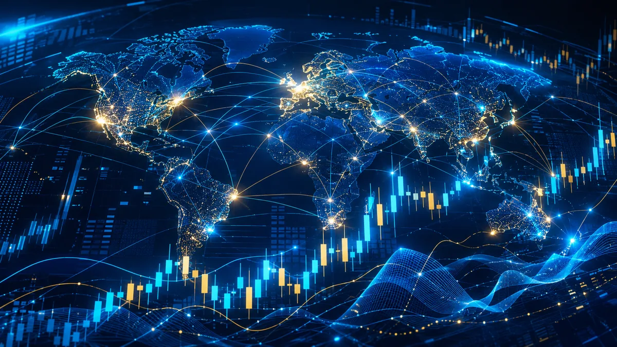 Abstract global currency market with exchange rate charts and connected financial centers, no text, no characters, no logos