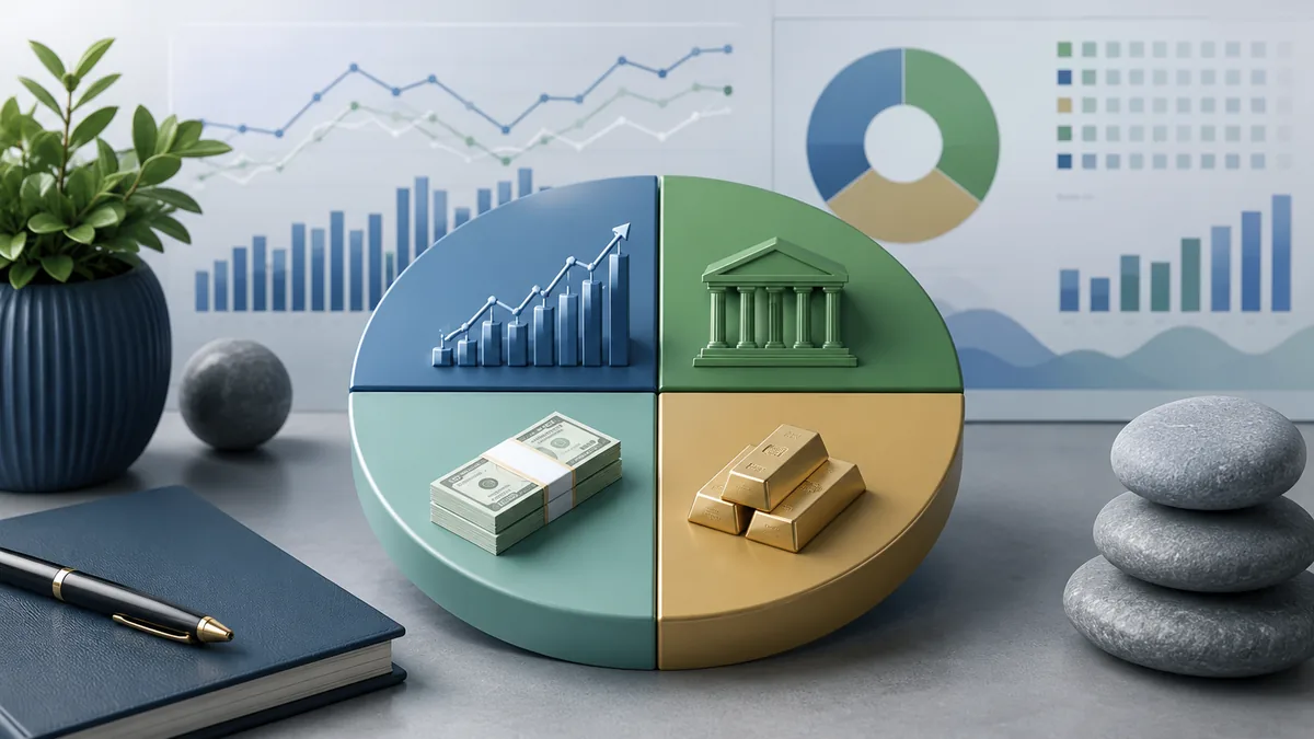 Balanced investment portfolio with stocks bonds cash and allocation chart, no text, no characters, no logos