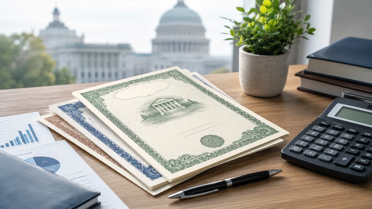 Clean financial desk with generic bond documents, calculator and government building silhouette, no text, no logos, no characters