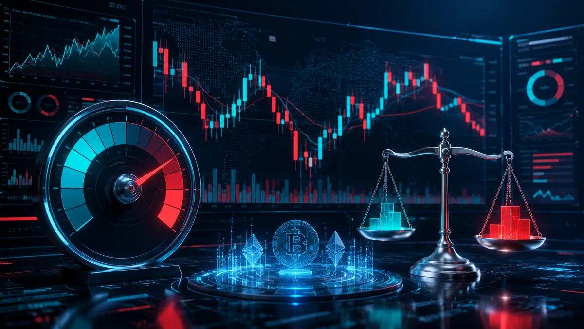 Abstract crypto derivatives dashboard with risk meter, candlestick charts and balanced scales, no text, no logos, no characters