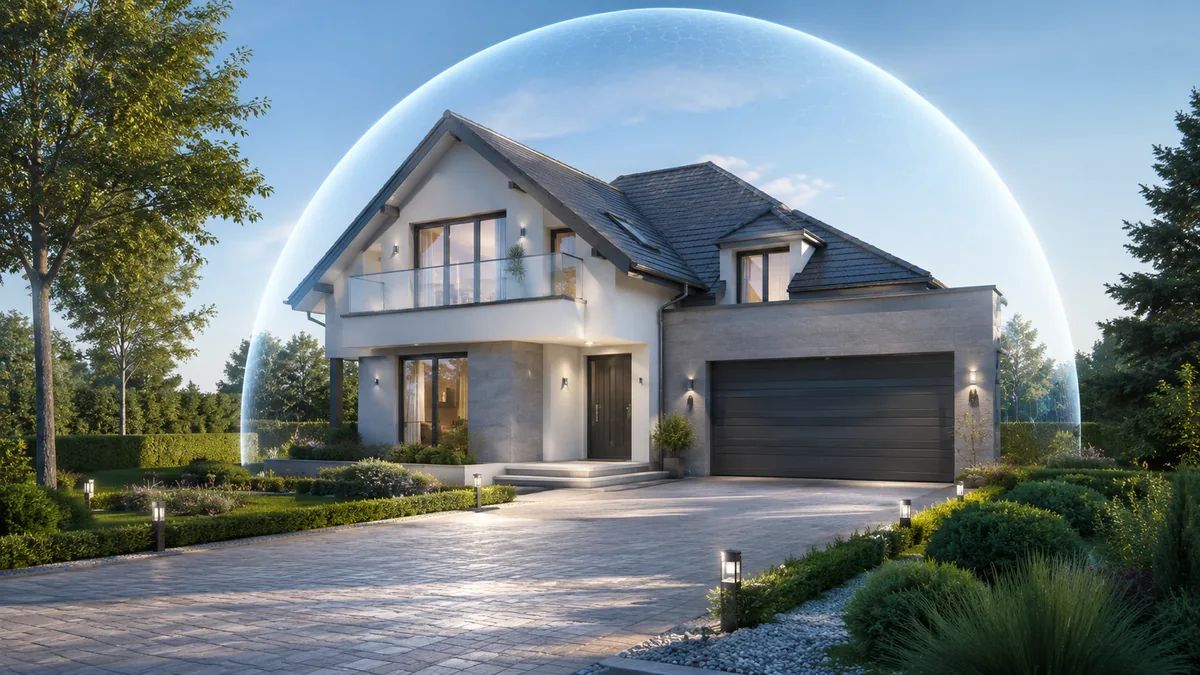 Modern residential house exterior in calm daylight with subtle home protection concept, no text, no people, no logos