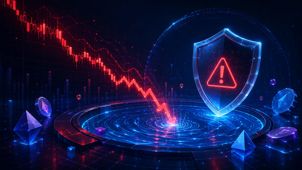 Abstract crypto liquidity pool with warning shield and falling chart, no text, no logos, no characters