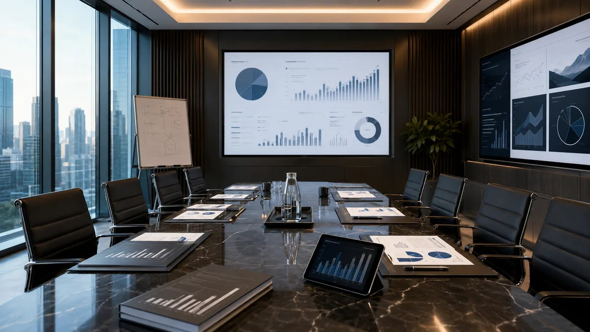 Modern private investment meeting room with financial charts, startup pitch deck atmosphere, no text, no logos, no characters