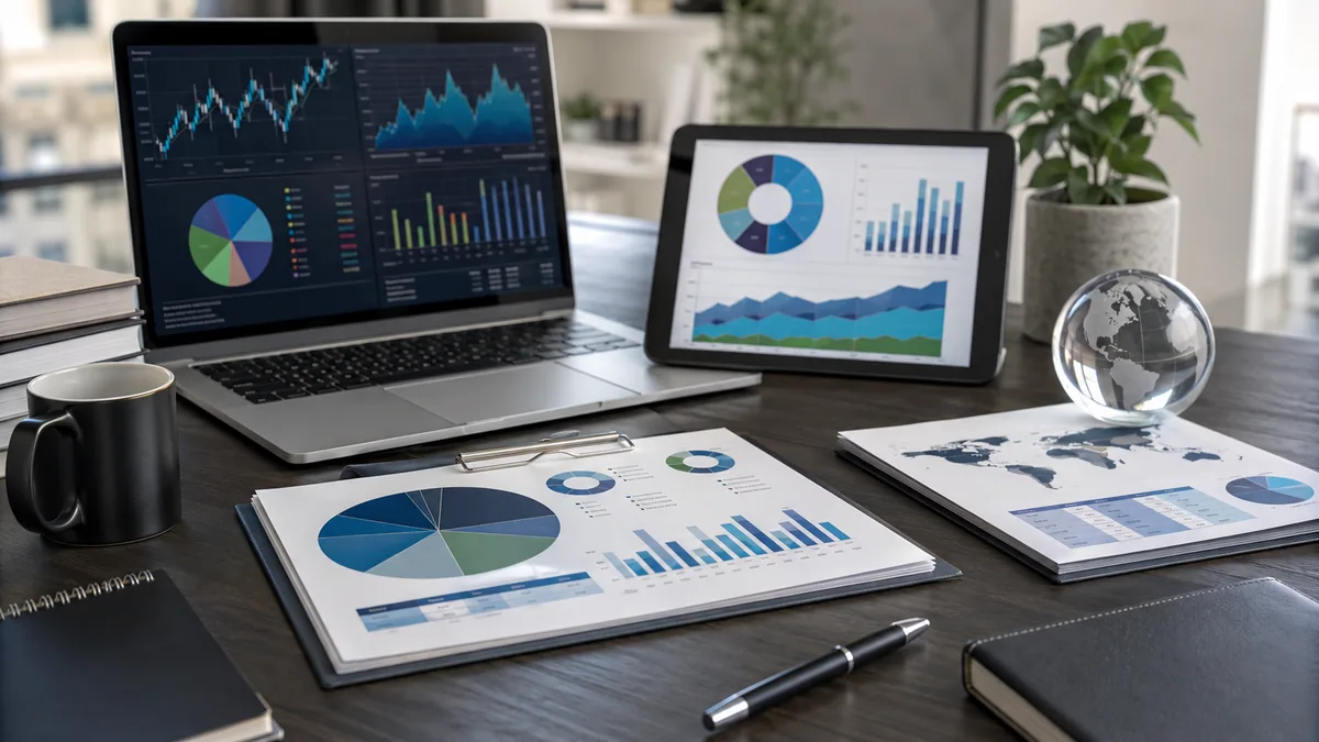 Modern investment desk with a diversified ETF portfolio concept, market charts, and financial documents, no text, no people, no logos