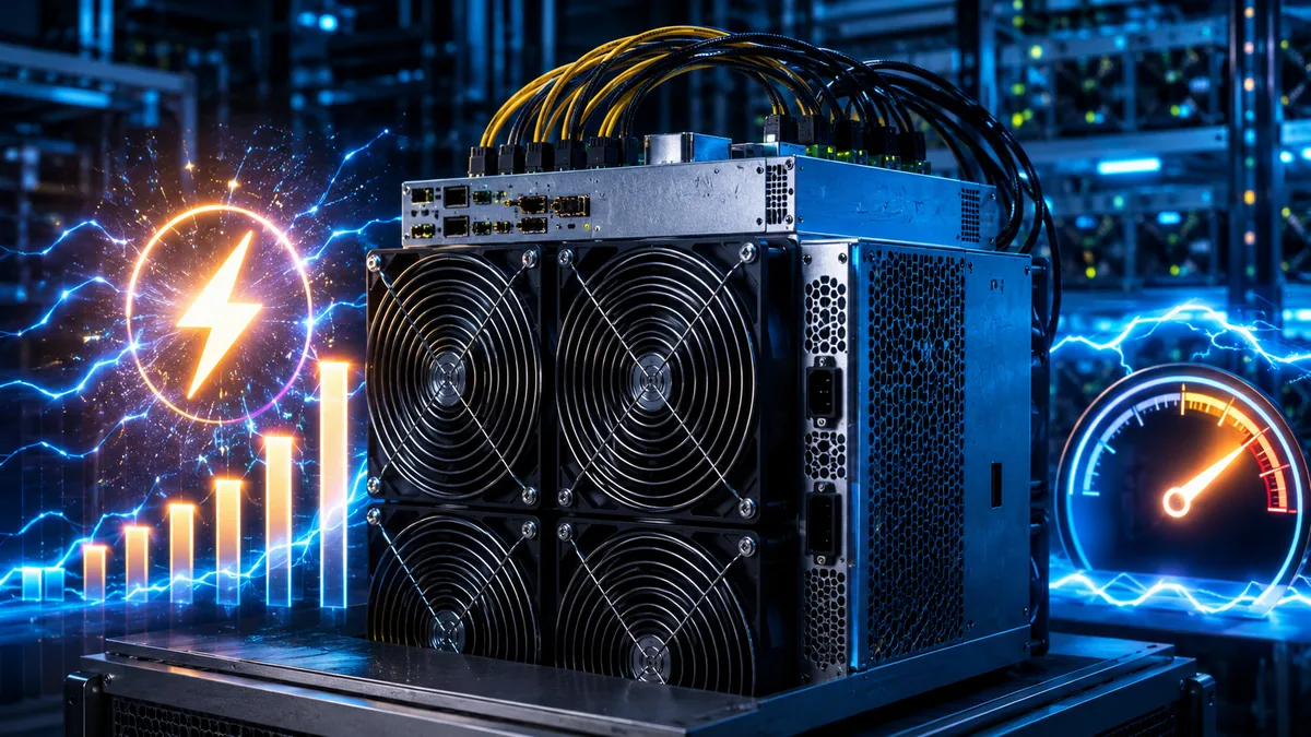 Close-up of a generic ASIC mining machine with power cables, cooling fans and energy cost calculation concept, no text, no logos, no people