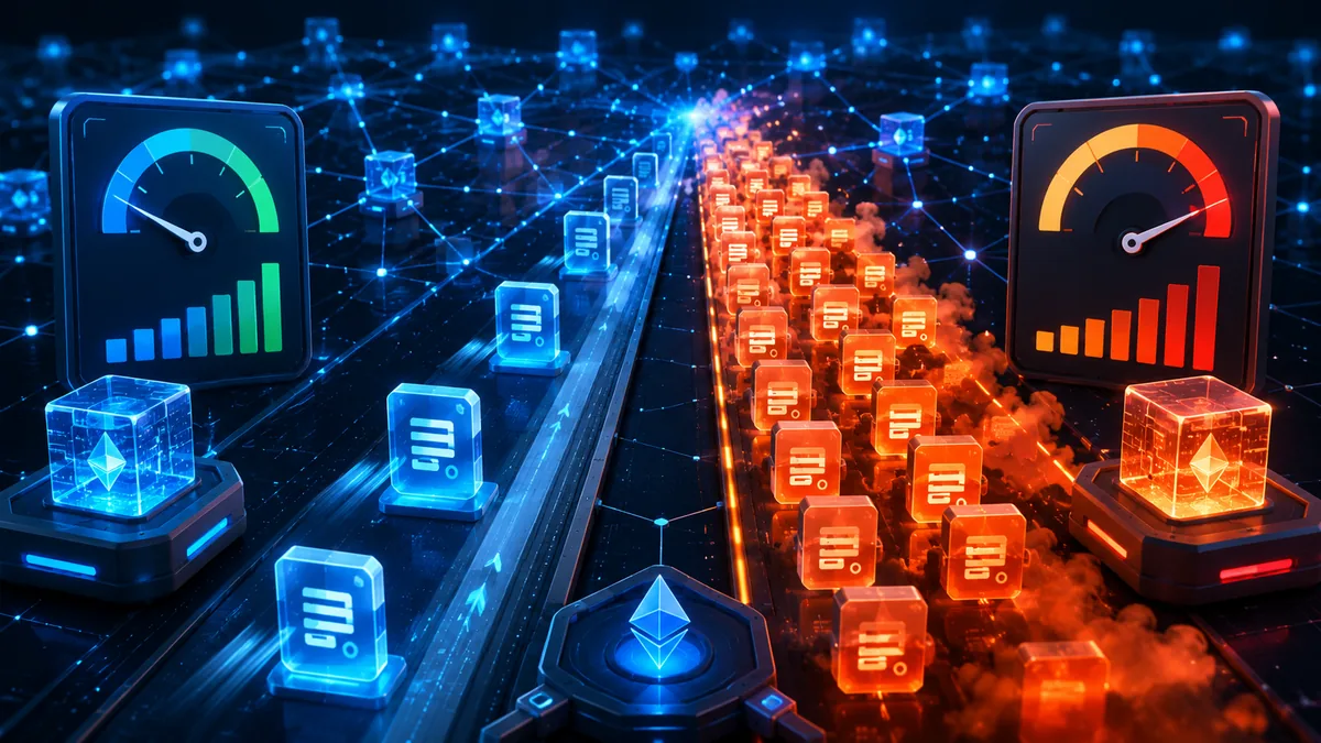 Blockchain gas fee comparison with digital transaction queue and network activity, no text, no logos, no people