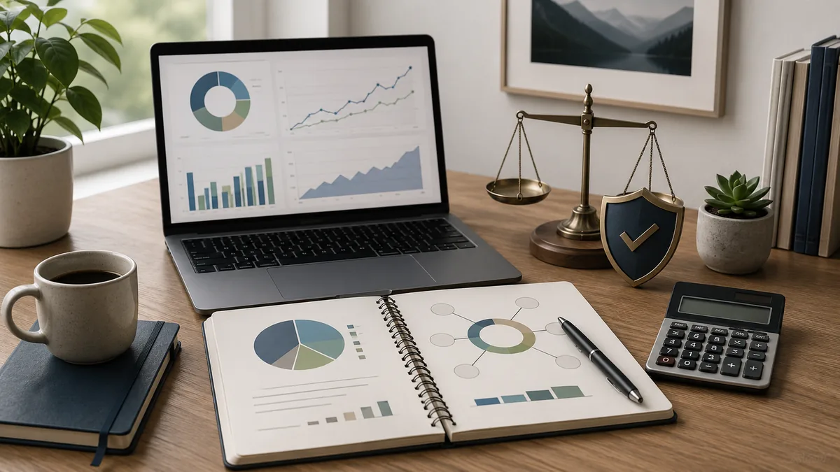 Calm investor workspace with portfolio allocation notes, balanced financial charts and risk management concept, no text, no logos, no people