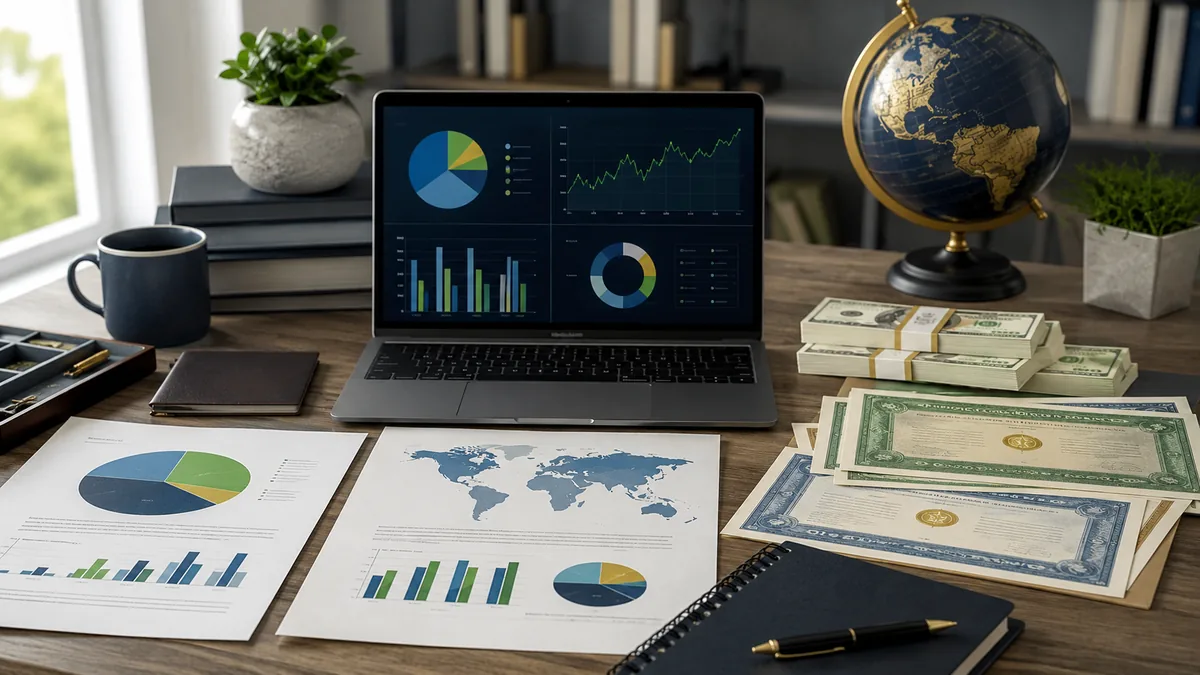 Calm investor desk with diversified portfolio charts, bonds, global equity and cash allocation concept, no text, no people, no logos