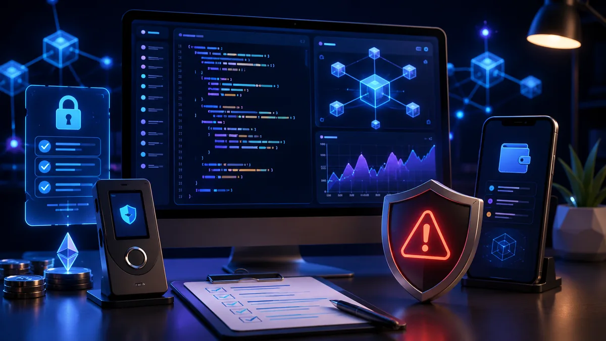 Crypto investor security checklist with wallet, smart contract code screen, liquidity chart and warning shield, no text, no people, no logos