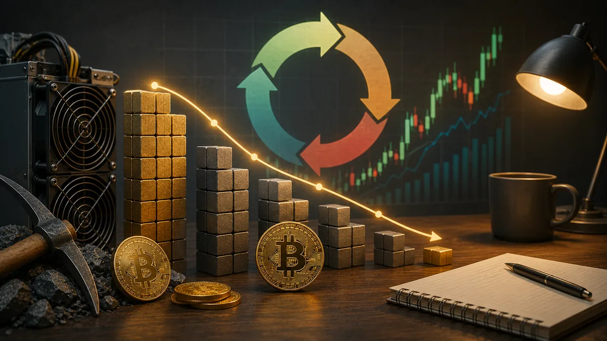 Crypto market cycle concept with supply blocks, miner hardware and neutral financial workspace, no text, no logos, no people