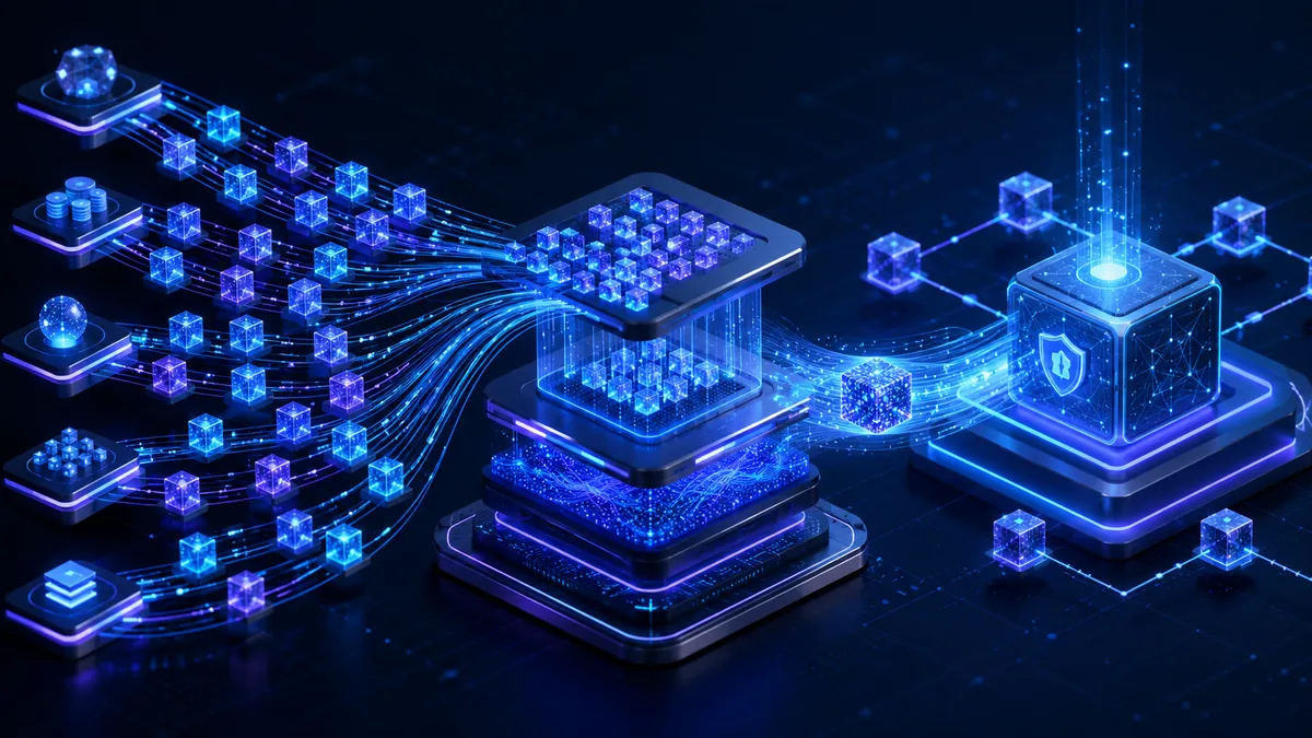Rollup technology batching many blockchain transactions into one secure settlement, no text, no logos, no people