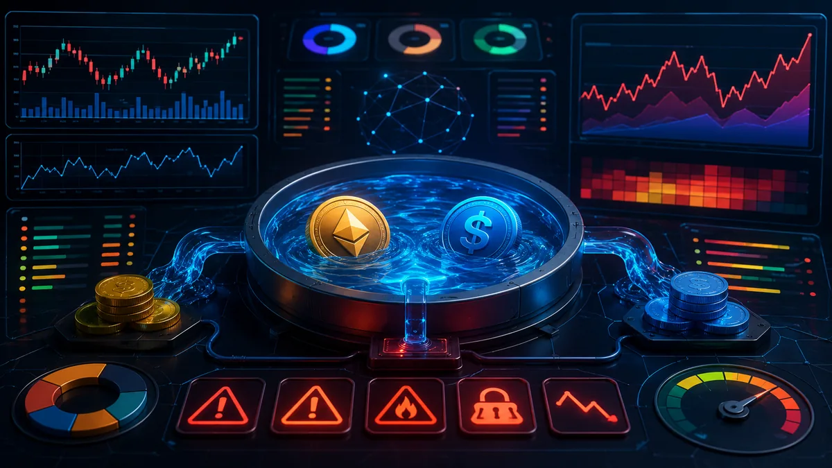 Crypto risk dashboard with liquidity pool, volatility chart and warning icons, no text, no logos, no people