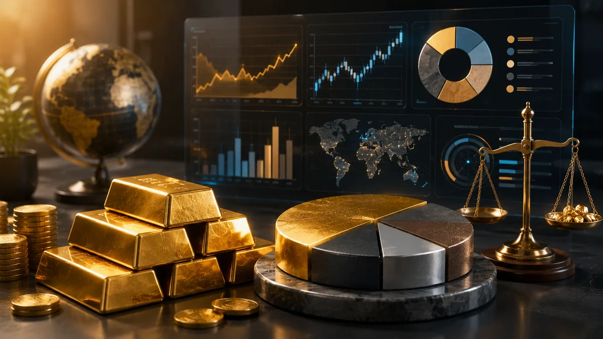 Modern gold portfolio allocation with digital dashboard, gold bars and risk balance, no text, no people, no logos