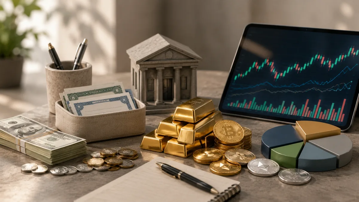 Investment portfolio under inflation with cash, bonds, gold, stocks and digital assets on a neutral desk, no text, no people, no logos