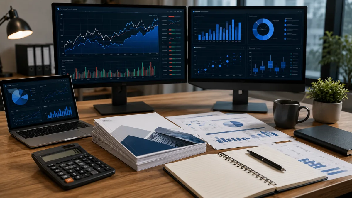 Clean IPO valuation analysis workspace with prospectus pages, calculator, financial charts and market comparison concept, no text, no logos, no people