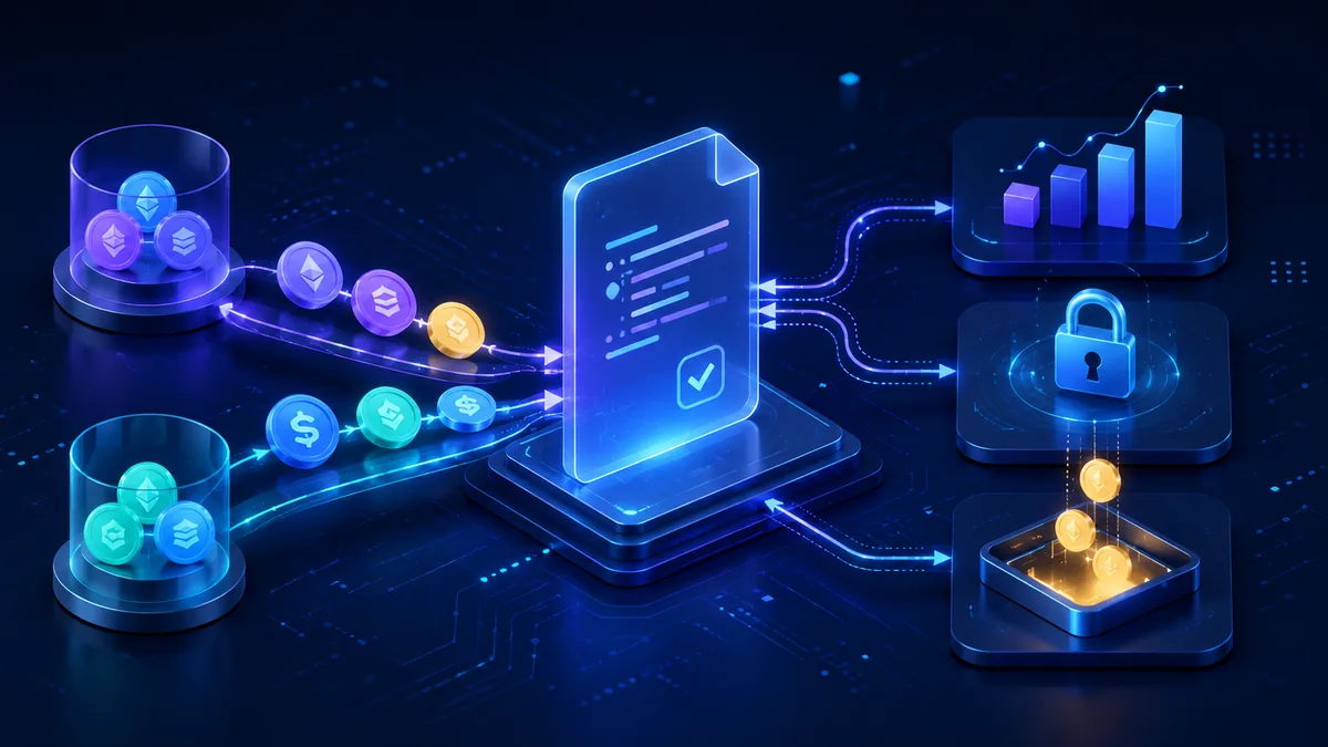 decentralized finance dashboard concept with token flow, lock mechanism and automated payment logic, no text, no characters, no logos