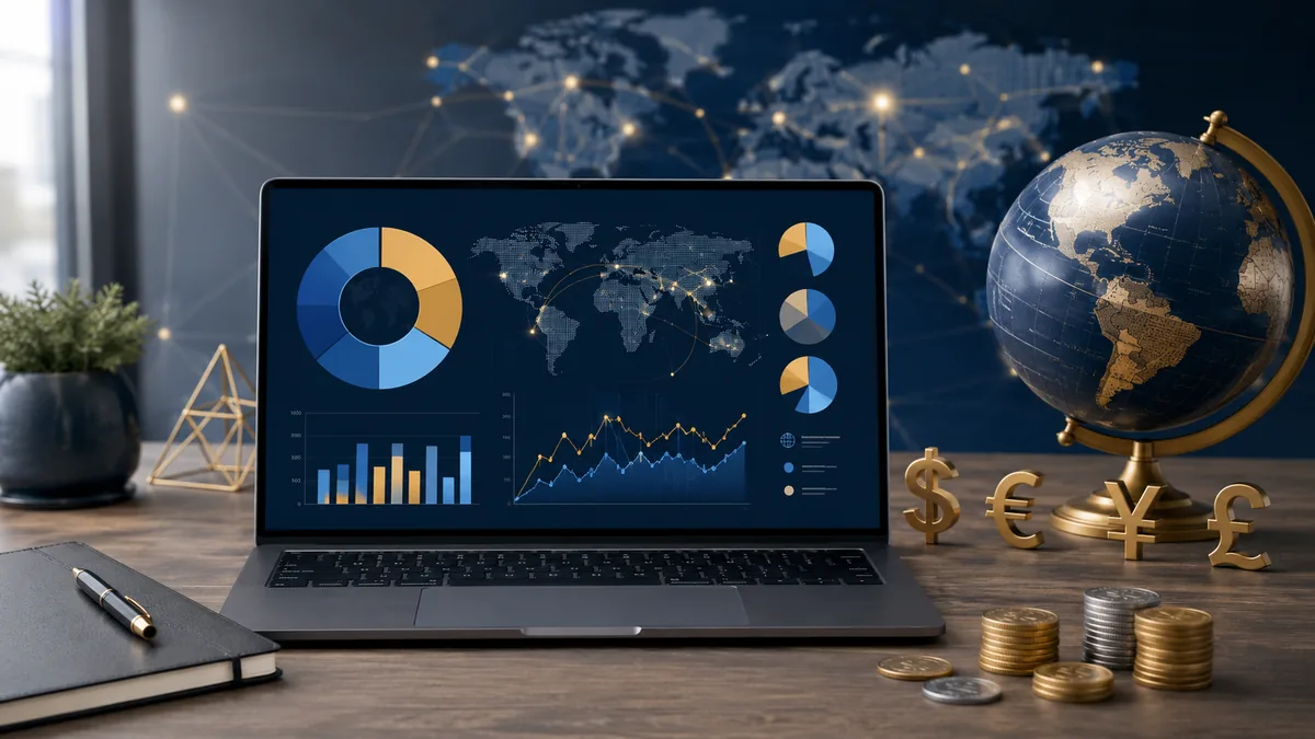 diversified global portfolio with ETF allocation, currency risk, and simple financial workspace, no text, no people, no logos