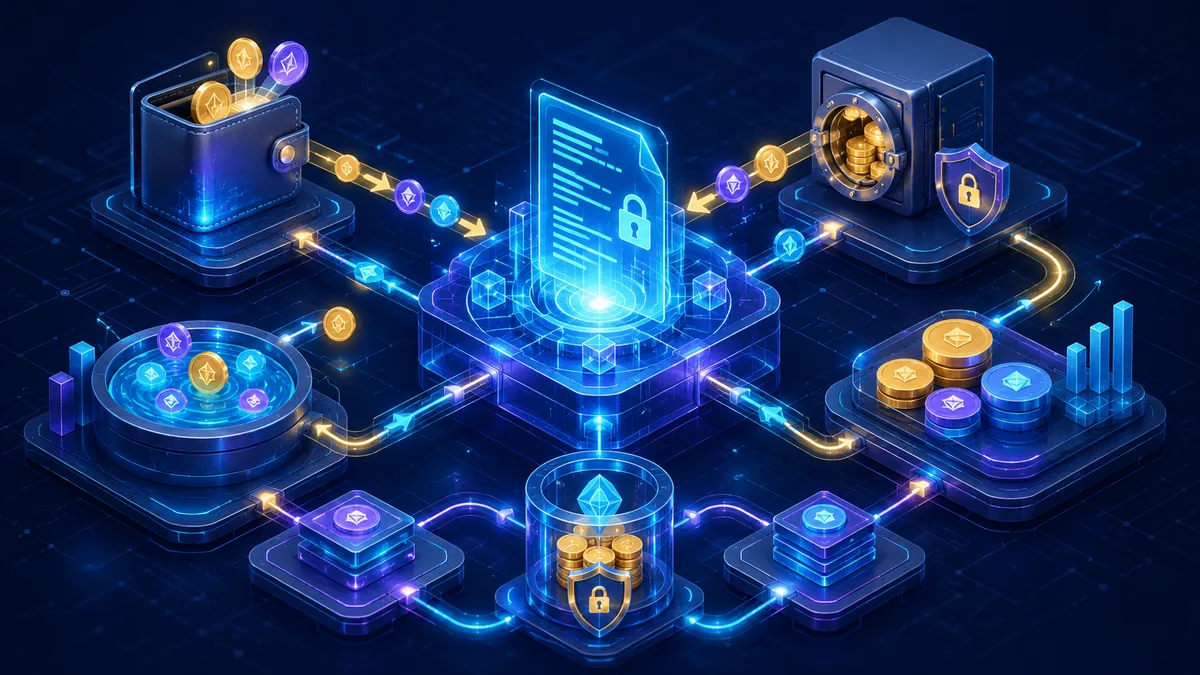 DeFi lending and liquidity system with collateral flow and automated smart contracts, no text, no characters, no logos