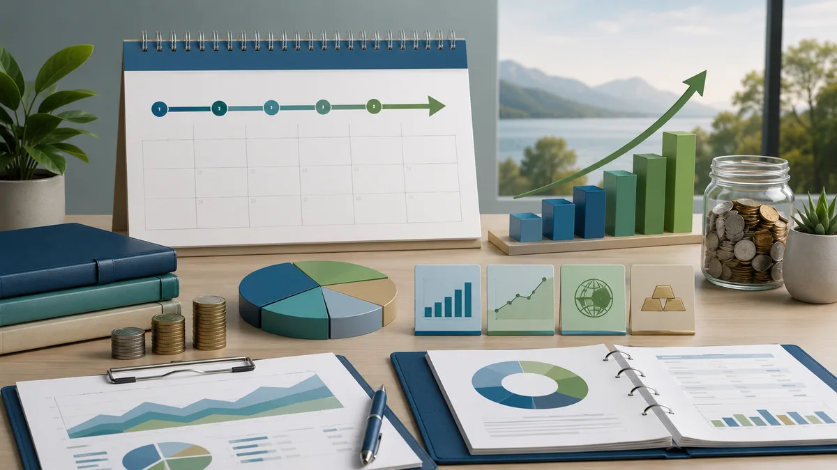 Long-term retirement investment timeline with diversified portfolio and calendar, no text, no characters, no logos