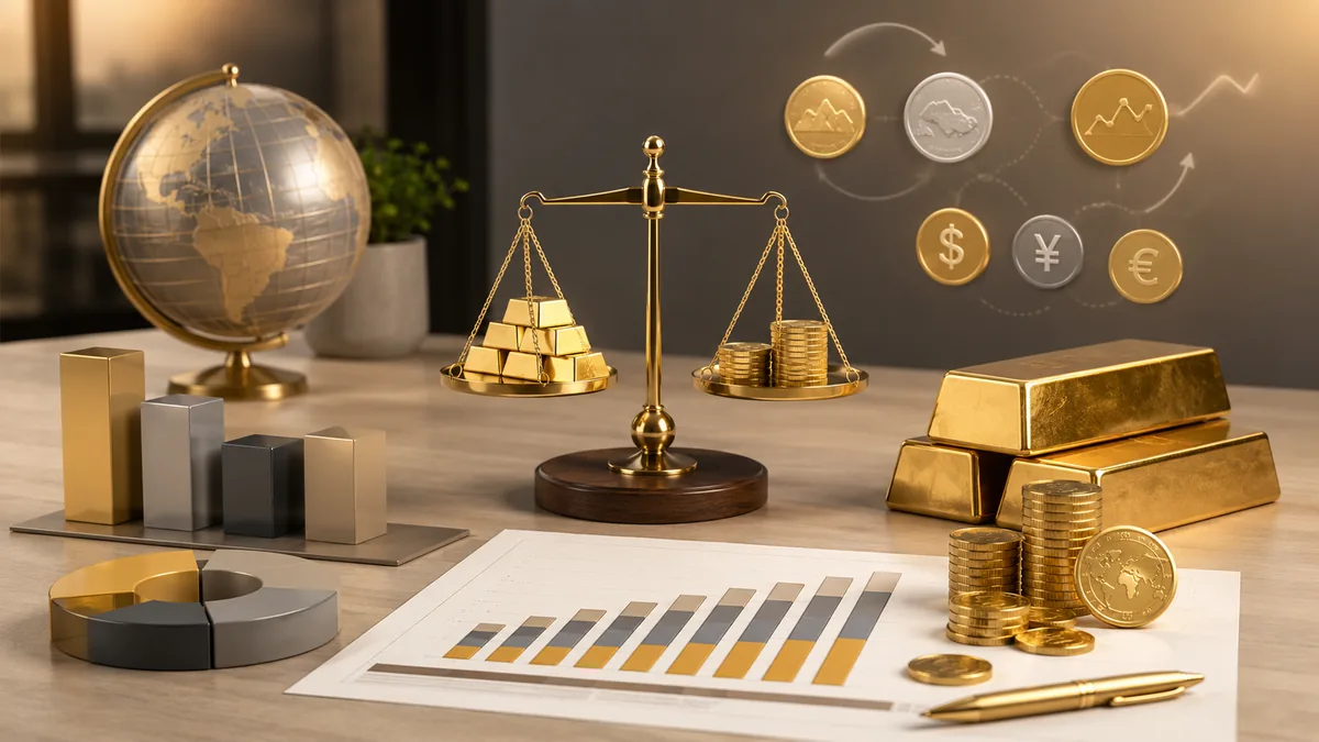 Gold portfolio allocation with risk balance currency movement and monthly investment chart, no text, no characters, no logos