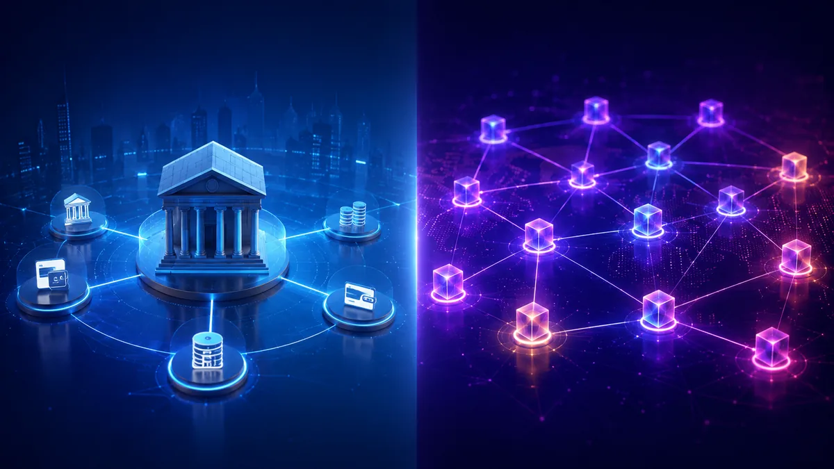 Comparison of centralized digital currency infrastructure and decentralized blockchain network, no text, no characters, no logos