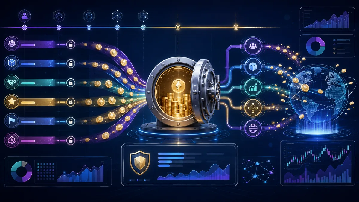 Crypto token unlock timeline with distributed coins treasury vault and market flow, no text, no characters, no logos