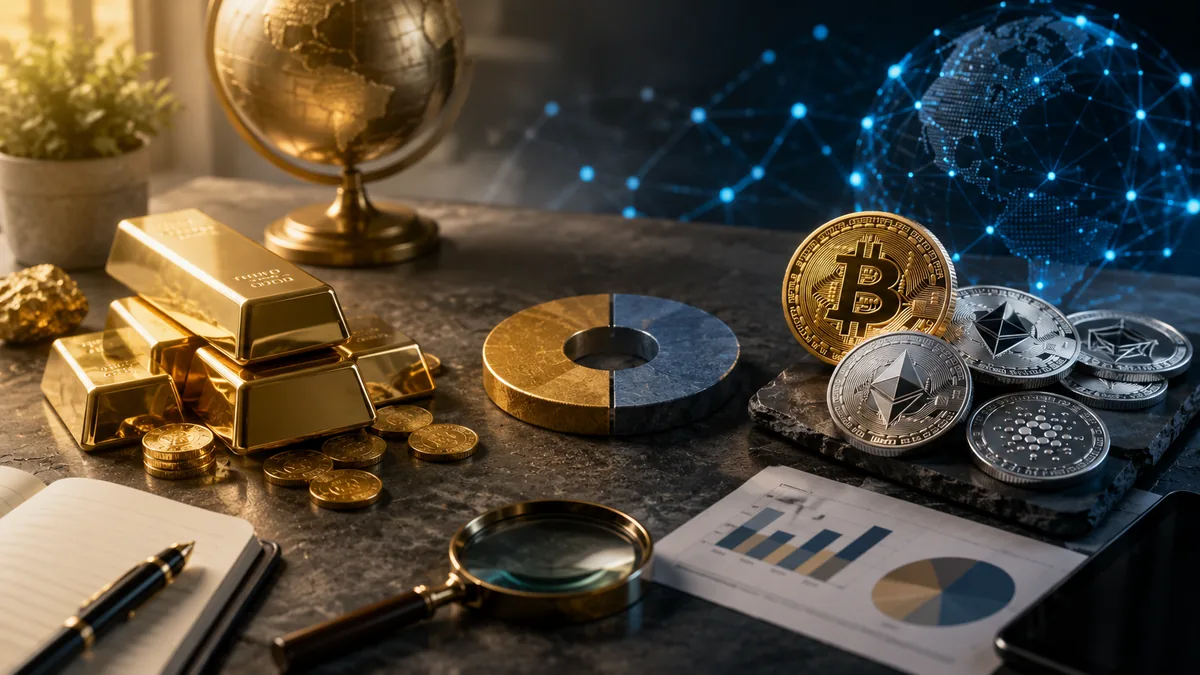 Investment portfolio workspace comparing physical gold and decentralized digital assets, no text, no characters, no logos