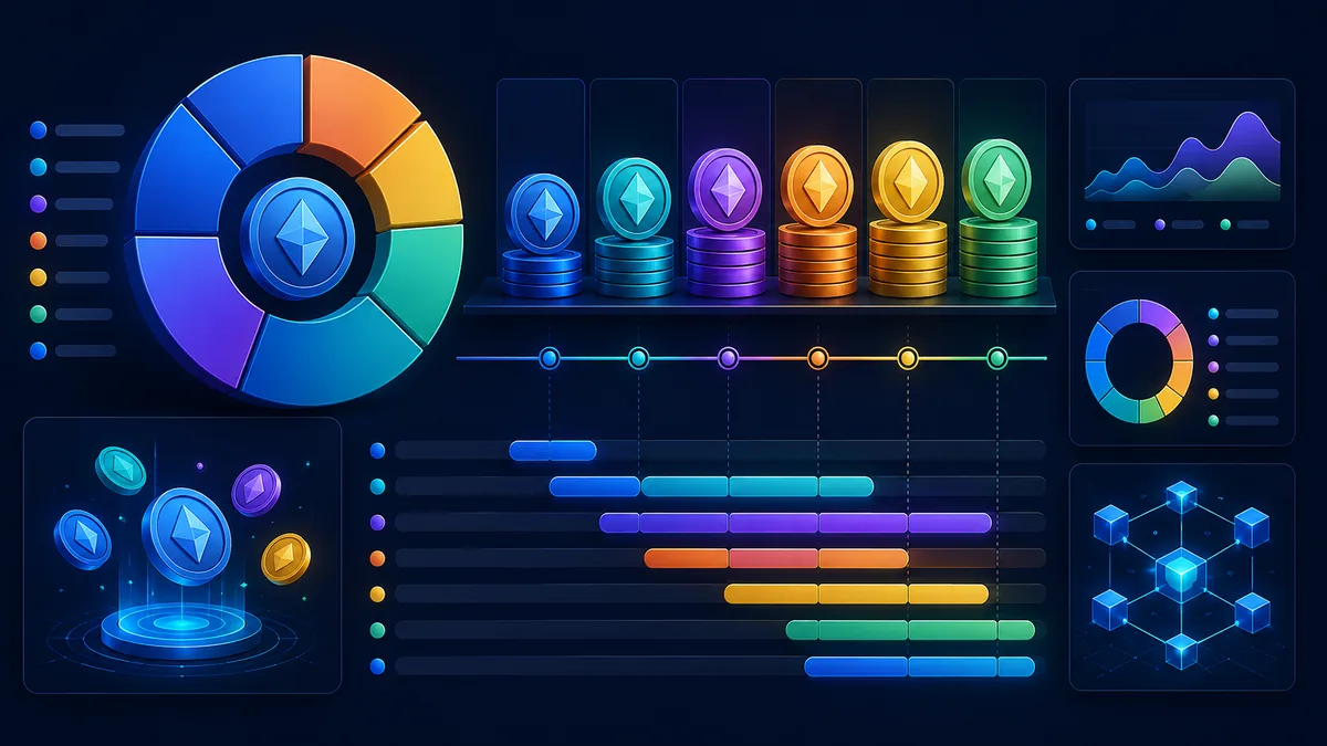 Crypto token allocation and vesting schedule visualization with digital assets and timeline blocks, no text, no characters, no logos