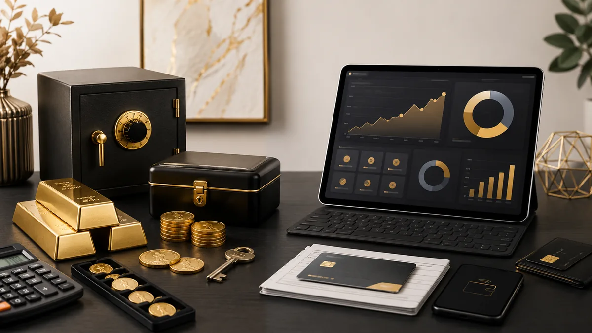 Comparison of physical gold storage costs and digital fund fees on a minimalist investment workspace, no text, no characters, no logos