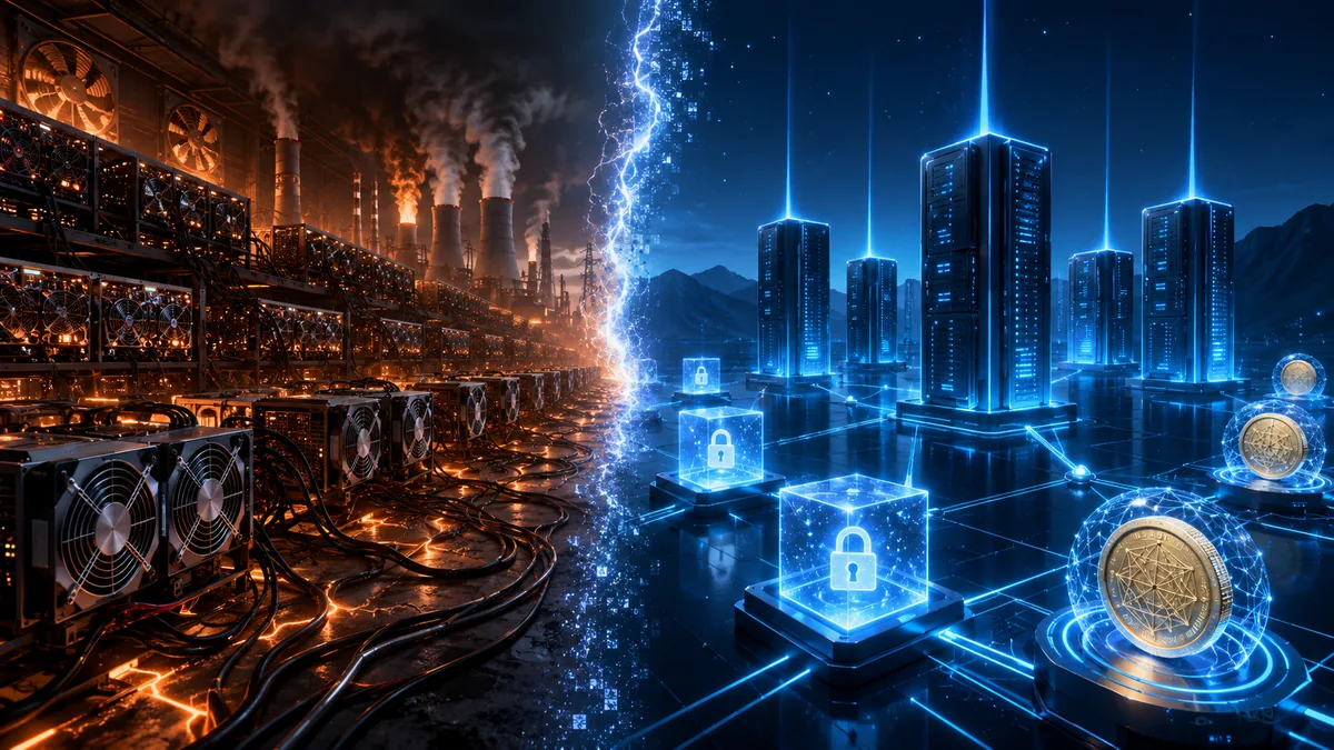 Energy intensive mining infrastructure contrasted with efficient validator nodes and secured digital assets, no text, no characters, no logos