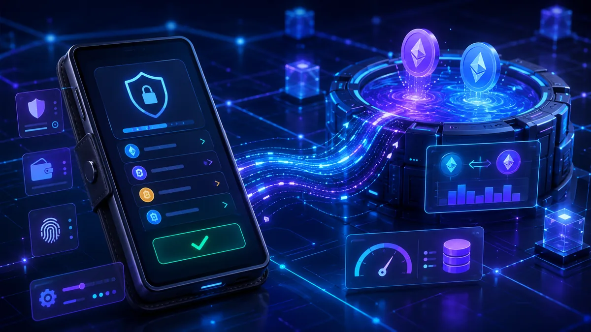 Self custody crypto wallet connecting to a blockchain liquidity pool with transaction approval and network fee indicators, no text, no characters, no logos