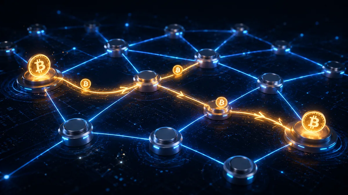 Connected Lightning payment channels routing a small Bitcoin payment between network nodes, no text, no characters, no logos