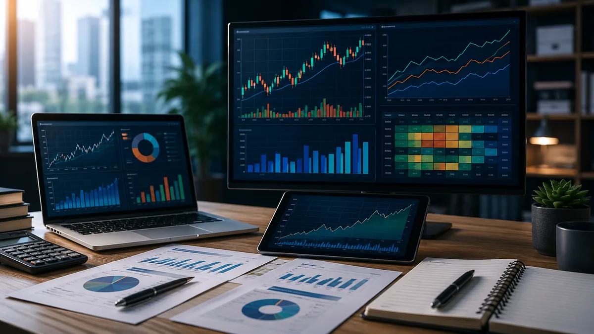Financial analysis workspace comparing valuation multiples and earnings trends, no text, no characters, no logos